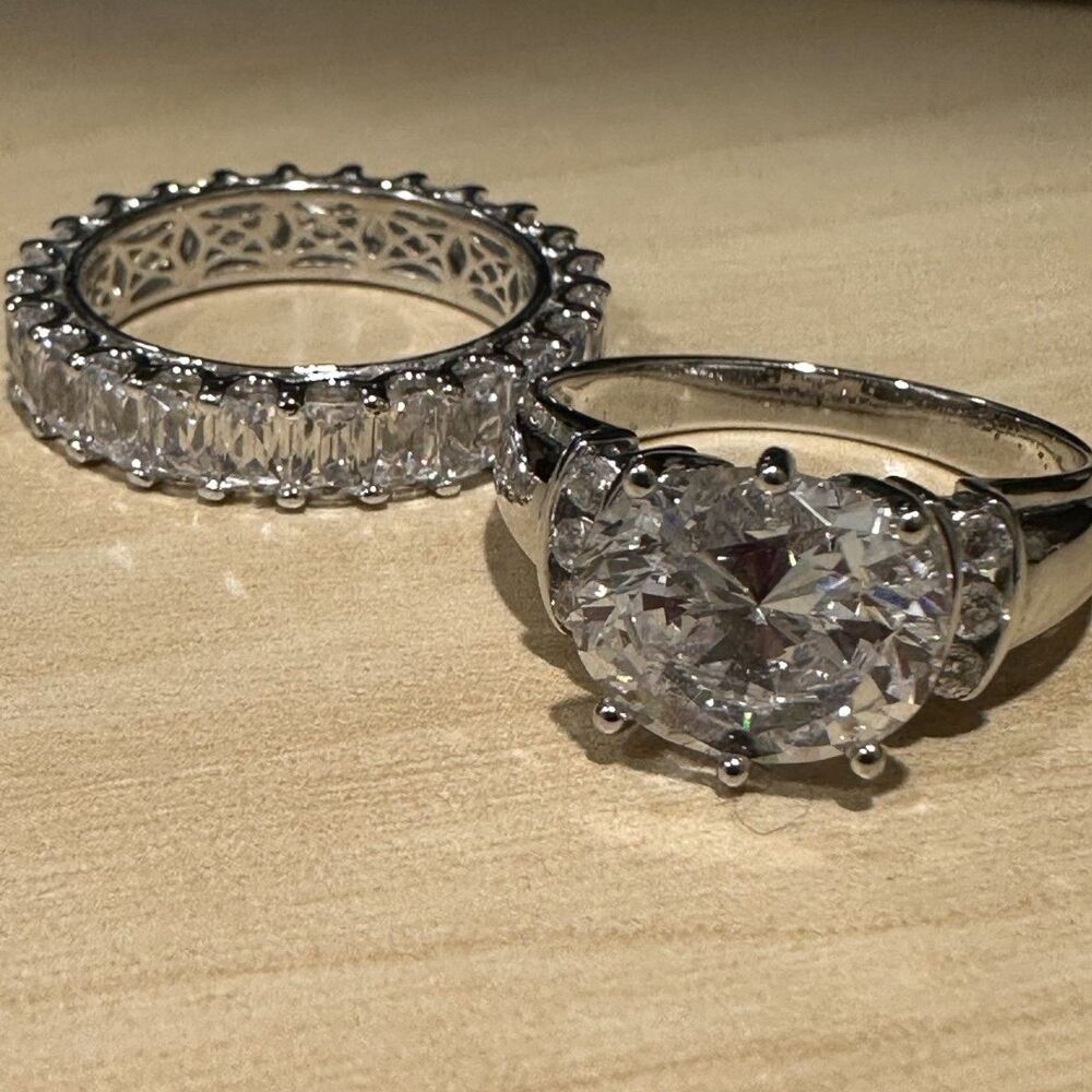 Tycoon 925 Sterling Silver CZ Solitaire Engagement Ring & Eternity Band Set Size